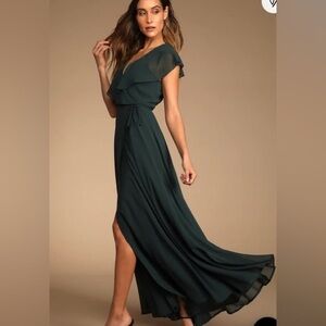 NWT Lulus Emerald Green Ruffle Chiffon Wrap Maxi Dress - Size L